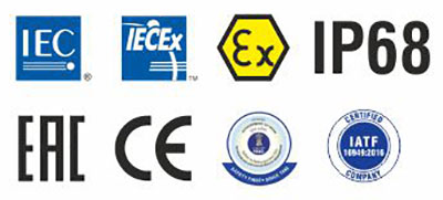 ATEX, IECEx, EAC, PESO, CE, IP66, IP68, UKAS, NABCB, OHSAS, and RoHS Certifications